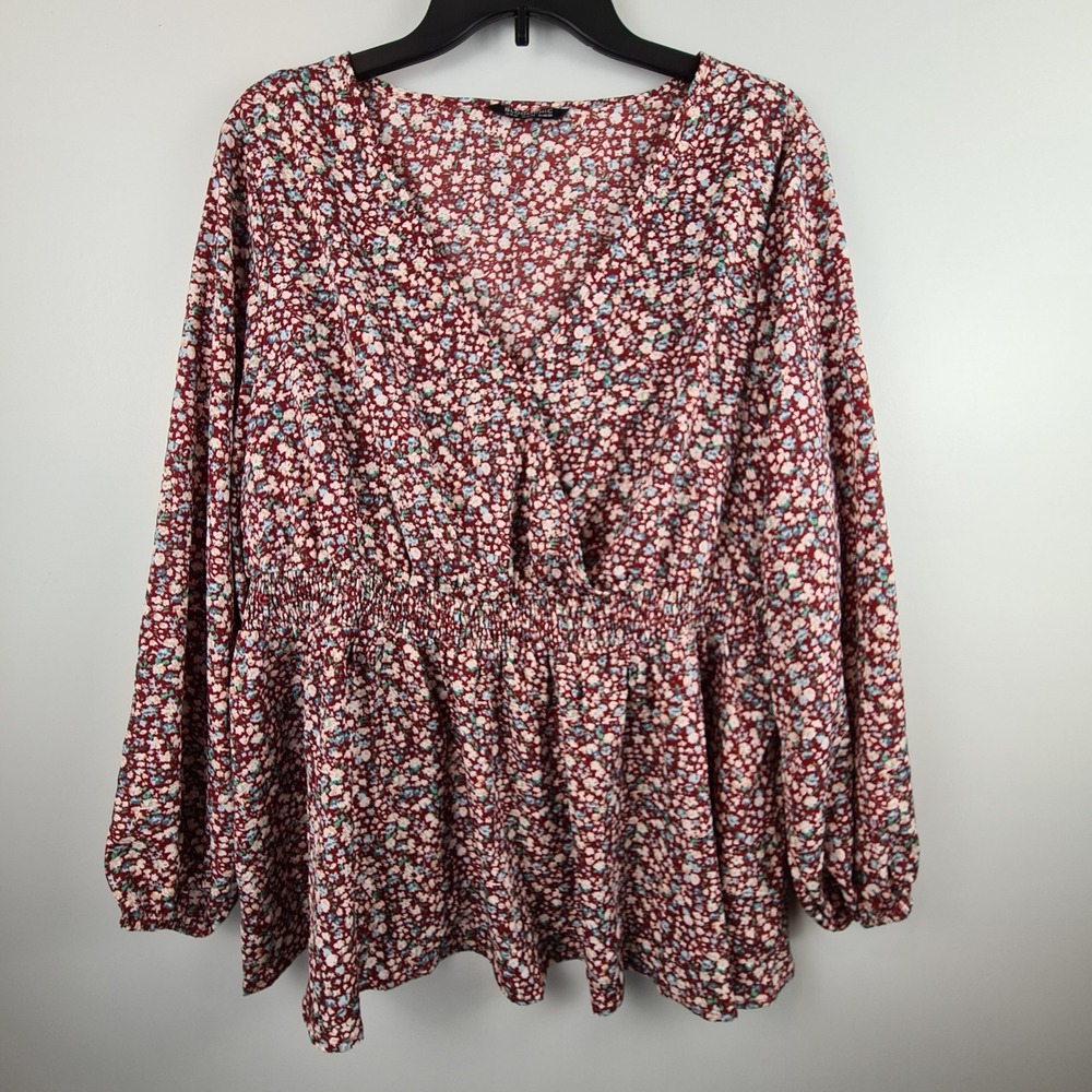 Bloomchic Womens Plus Size 18-20 Burgundy Floral Smocked Waist Peplum Blouse Top